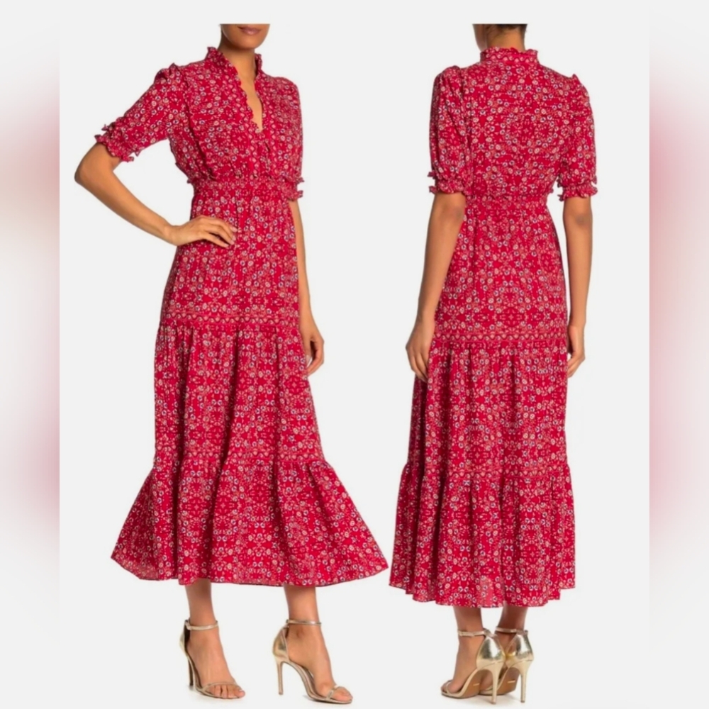 Max Studio NWOT Ruffle Tiered Maxi Dress V-Neck Collar Red Ditsy Floral, size S